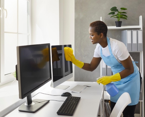 Janitorial Worker Cleaning Office Desk Space